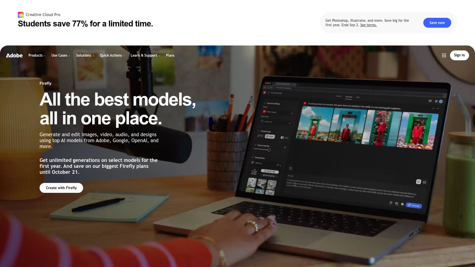 Page d'accueil d'Adobe Firefly, générateur intégré à la suite Creative Cloud