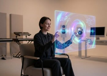 Une personne assise dans un studio manipulant une interface holographique affichant des ondes sonores et des notes.
