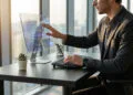 Comment utiliser ChatGPT pour la rédaction efficace 14 Un professionnel travaillant sur un écran transparent futuriste affichant du code informatique dans un bureau moderne.