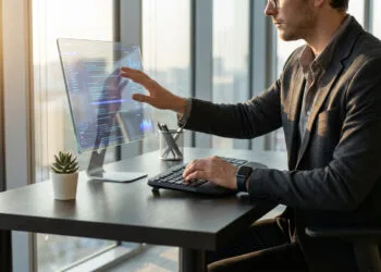 Comment utiliser ChatGPT pour la rédaction efficace 26 Un professionnel travaillant sur un écran transparent futuriste affichant du code informatique dans un bureau moderne.
