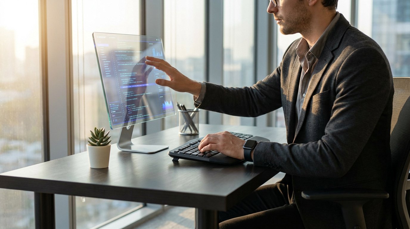 Professionnel vérifiant un visuel sur un écran en bureau, étape de contrôle qualité avant publication