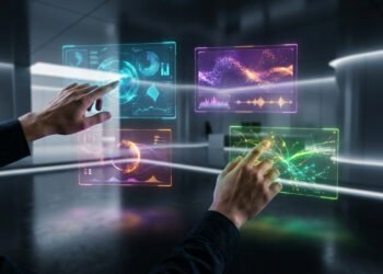Alternative midjourney : les outils à tester 9 Mains interagissant avec des interfaces numériques holographiques futuristes dans un environnement de bureau sombre.