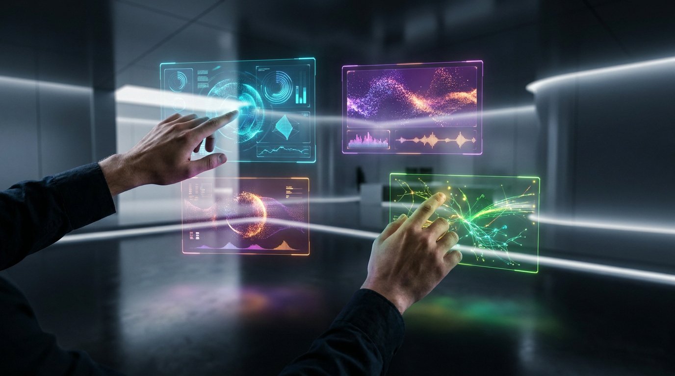 Mains pilotant des interfaces visuelles superposées, métaphore du prompt en couches des images professionnelles IA