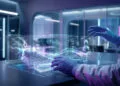 Meilleur générateur de vidéo ia : quel outil choisir en 2026 ? 13 Un scientifique manipule une interface holographique futuriste avec des données numériques et des modélisations 3D.