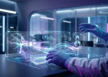 Un scientifique manipule une interface holographique futuriste avec des données numériques et des modélisations 3D.