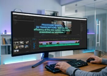 Meilleur outil de transcription ia pour monteurs vidéo 2 Moniteur ultra-large affichant un logiciel de montage vidéo avec une transcription automatique par IA en cours.
