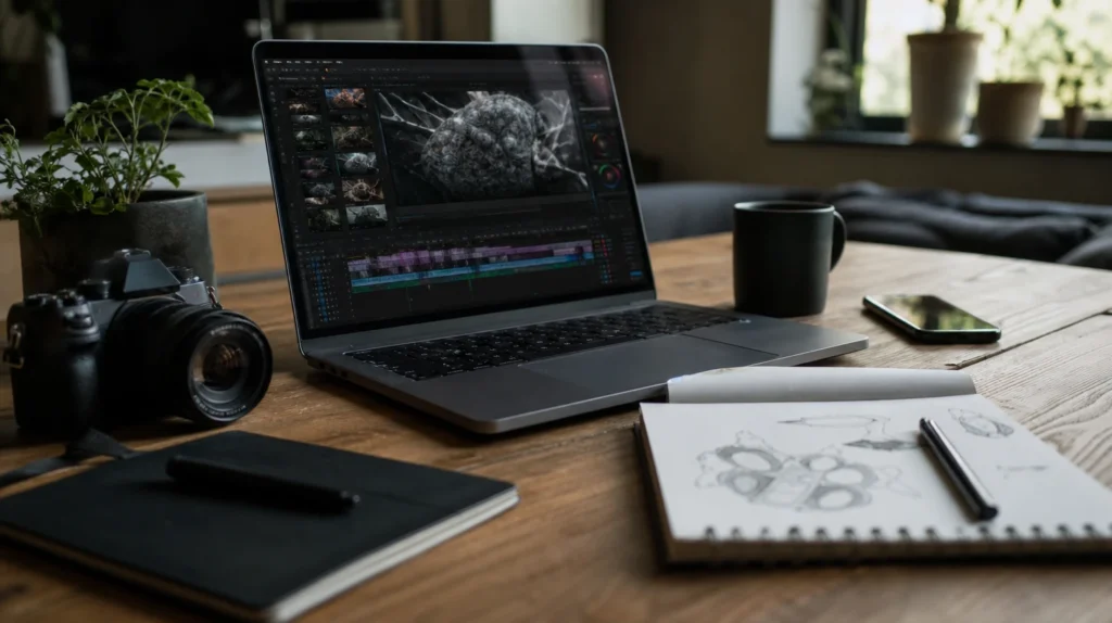 Poste de montage vidéo IA : timeline et rushes sur un ordinateur portable, appareil photo et carnet de storyboard
