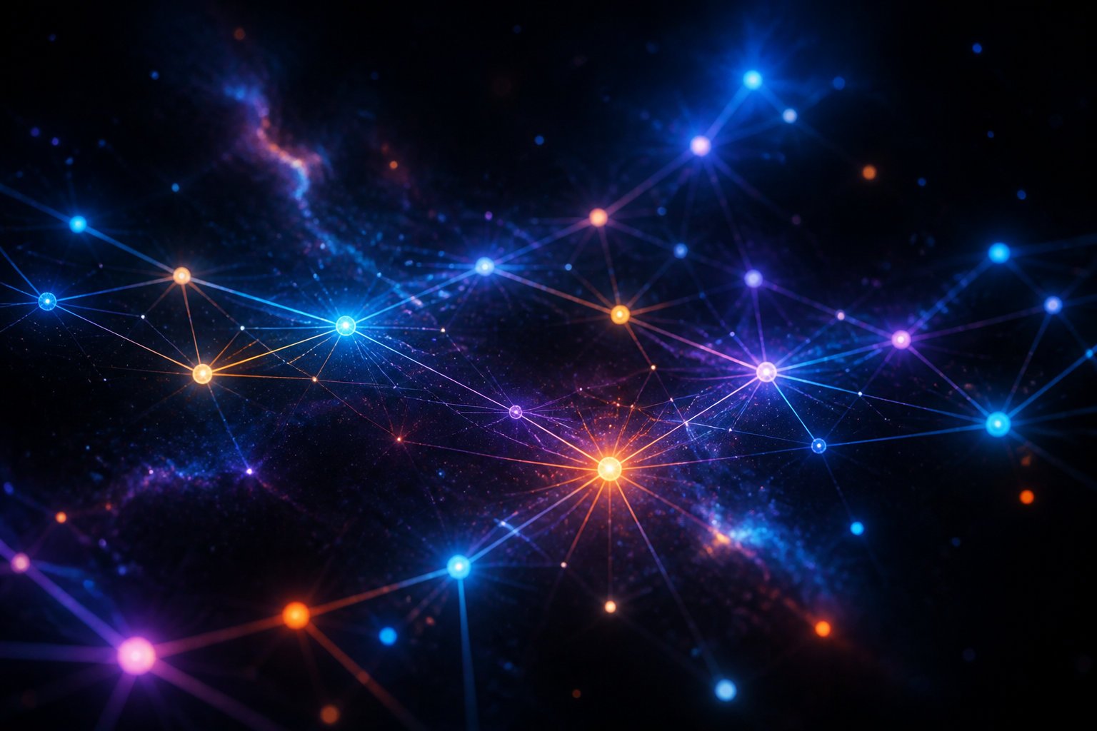 Réseau de points lumineux reliés dans l'espace, image des connexions d'un réseau de neurones