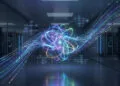 Visualisation d'une sphère d'énergie numérique avec des flux de données au centre d'un centre de données moderne.