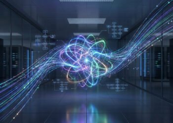 Visualisation d'une sphère d'énergie numérique avec des flux de données au centre d'un centre de données moderne.