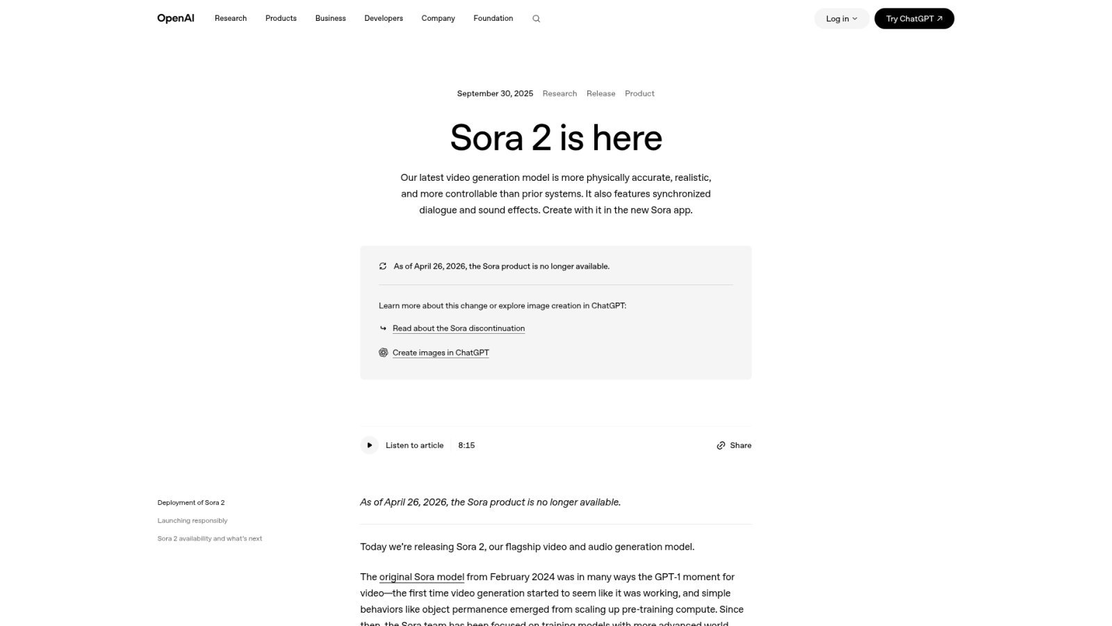Page d'accueil de Sora 2, le générateur vidéo IA d'OpenAI arrêté en 2026