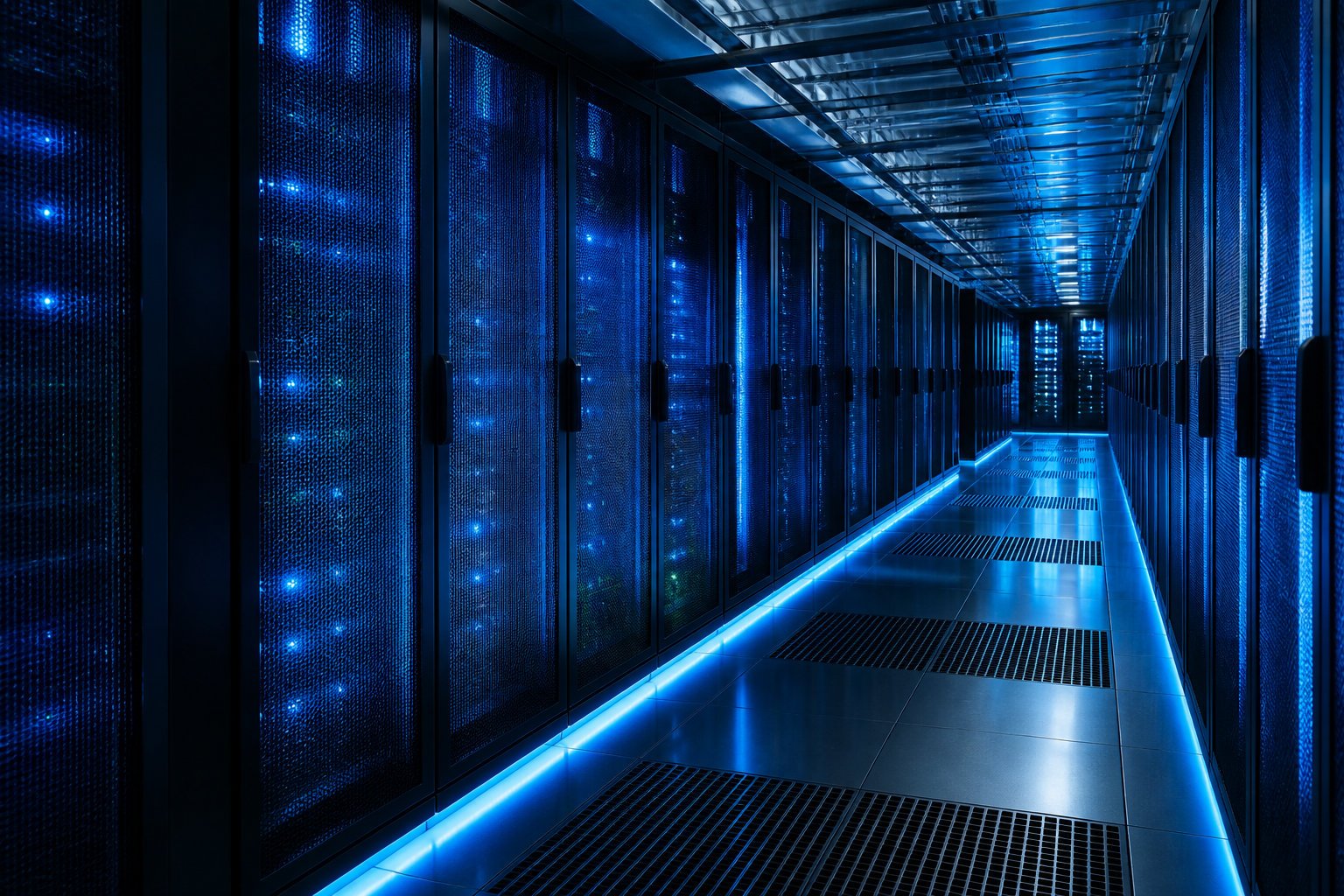 Couloir de serveurs éclairé en bleu, infrastructure sur laquelle tourne un agent autonome