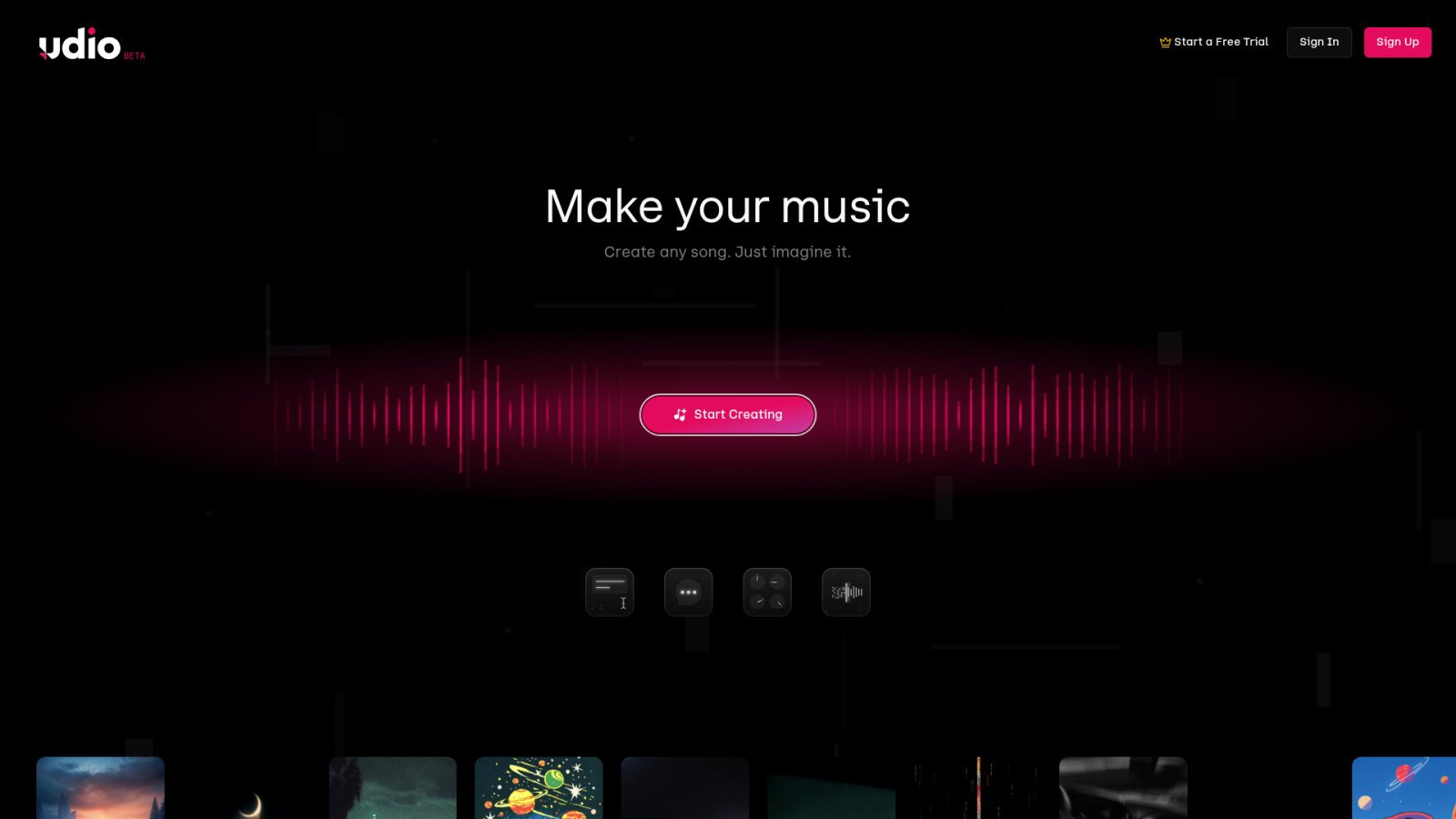 Page d'accueil d'Udio, plateforme de génération musicale par intelligence artificielle