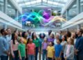 Un groupe diversifié de personnes regarde une interface holographique futuriste avec des ondes lumineuses colorées.