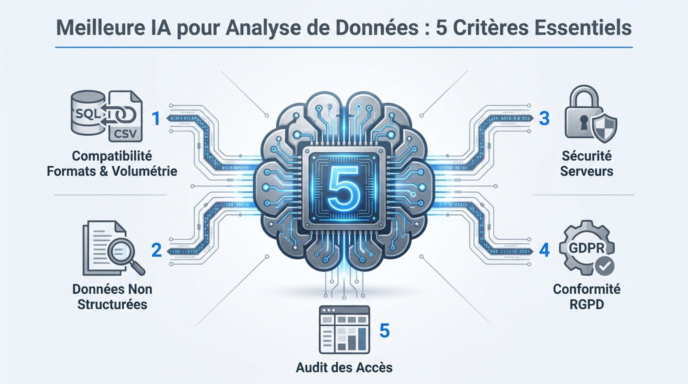 Meilleure IA pour l'analyse de données : 4 outils comparés 1 IA pour analyser des données : les 5 critères de sélection, des formats de fichiers à l'audit des accès