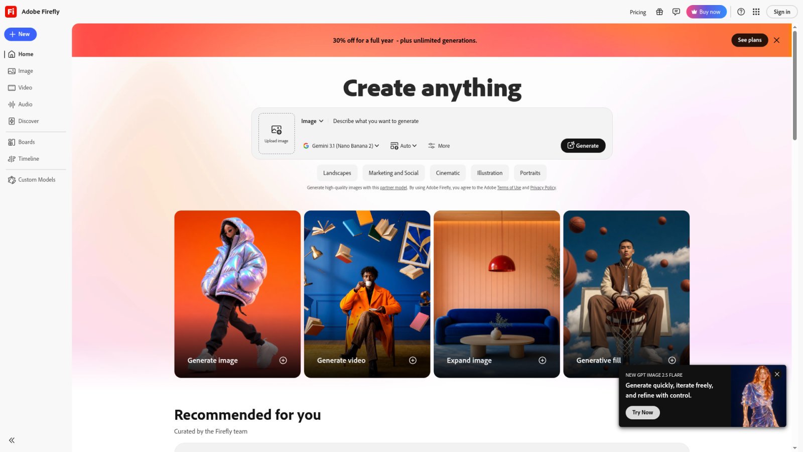 Interface Adobe Firefly, avec ses outils de génération et de remplissage génératif