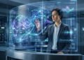 Femme d'affaires interagissant avec une interface holographique de données numériques dans un centre de serveurs.