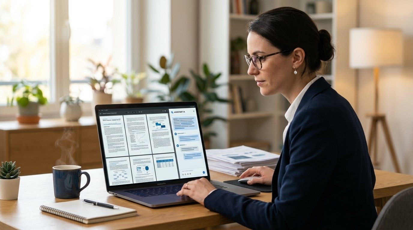 Analyser un PDF avec l’IA : un rapport ouvert sur un ordinateur portable, avec le panneau de l’assistant qui en résume les points clés