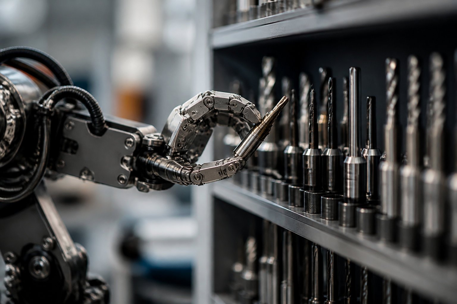 Comment créer un agent IA personnalisé sans savoir coder 2 Bras robotique qui choisit un outil sur un présentoir, image d'un agent IA qui sélectionne l'outil adapté à la tâche