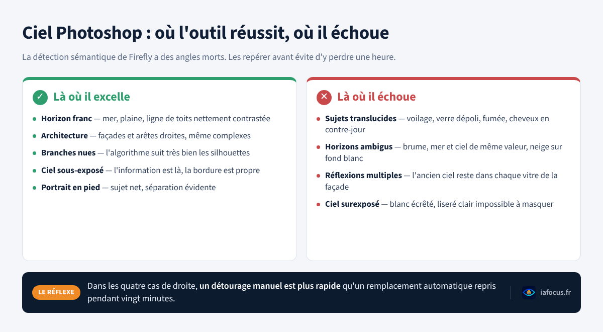 Tableau des cas où le remplacement de ciel Photoshop réussit et des quatre cas où il échoue