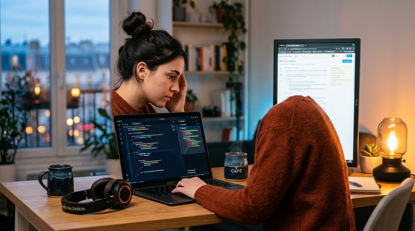 Coder avec l’IA quand on débute : un éditeur de code avec le panneau de suggestions de l’assistant, le soir, à son bureau