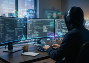 Développeur en sweat à capuche codant sur trois écrans avec des interfaces holographiques d'IA.