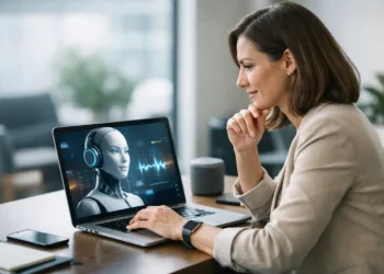 Assistant IA professionnel utilisé sur un ordinateur portable dans un bureau