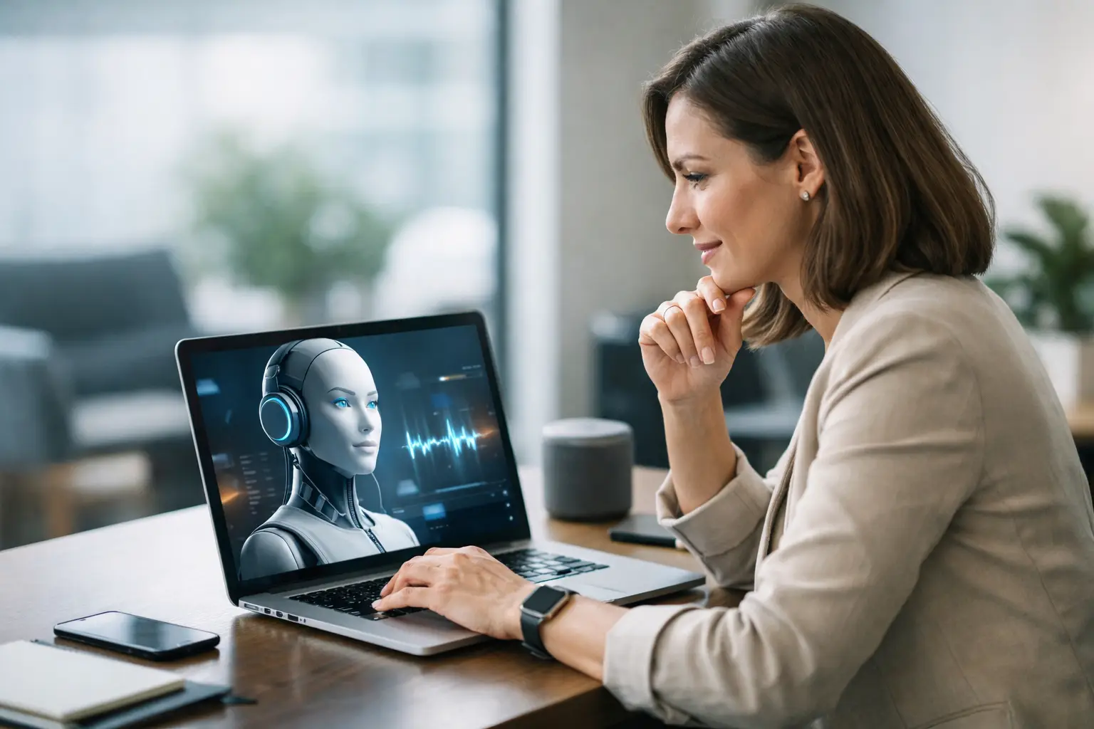 Assistant IA professionnel utilisé sur un ordinateur portable dans un bureau