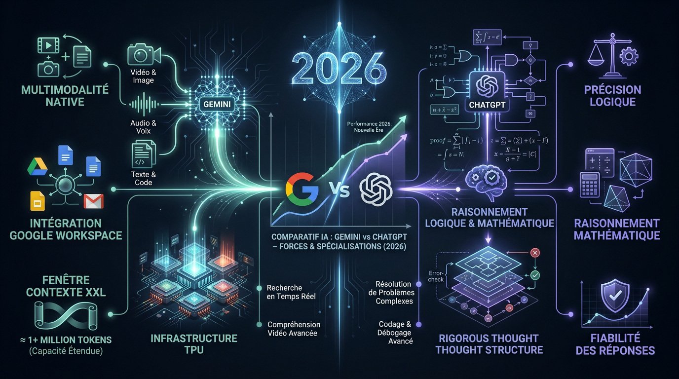 Google Gemini vs ChatGPT : le duel des géants de l'IA 1 Gemini vs ChatGPT : comparatif technique des deux assistants IA en 2026