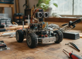 Robot DIY intelligence artificielle : châssis roulant équipé d'un capteur à ultrasons sur un établi