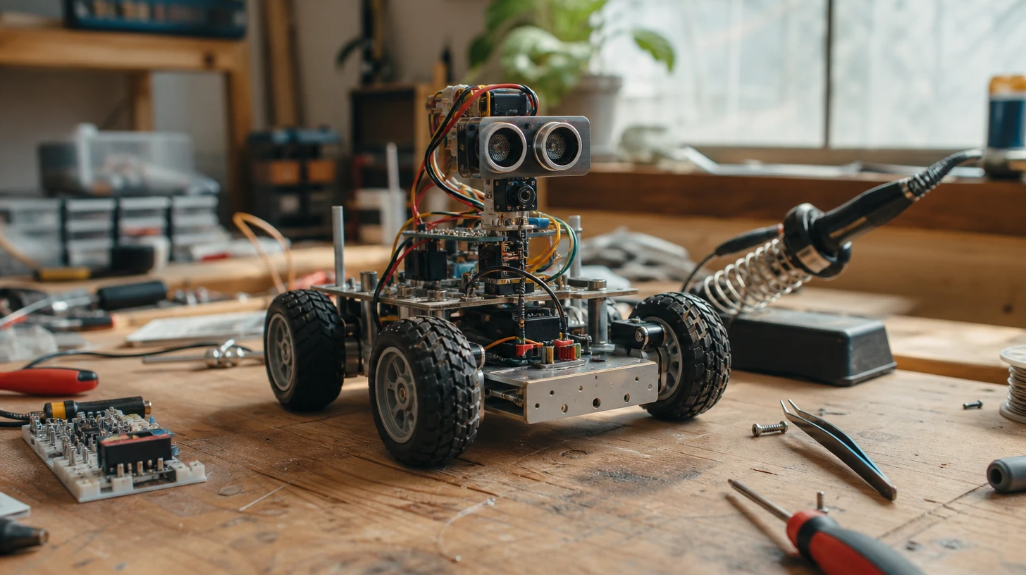 Robot DIY intelligence artificielle : châssis roulant équipé d'un capteur à ultrasons sur un établi