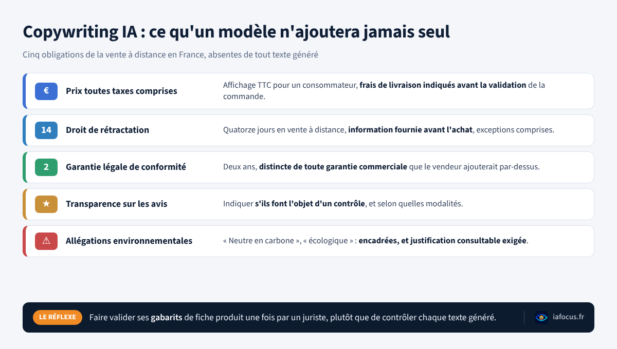 Cinq mentions légales obligatoires en vente à distance qu'un texte de copywriting IA n'ajoute jamais seul