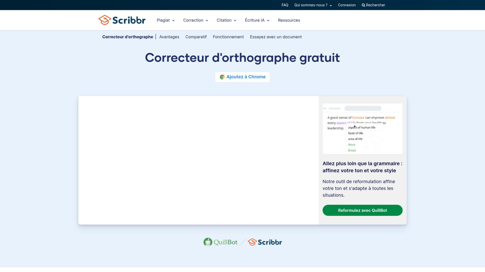 Page du correcteur d’orthographe gratuit de Scribbr, avec la zone où coller son texte