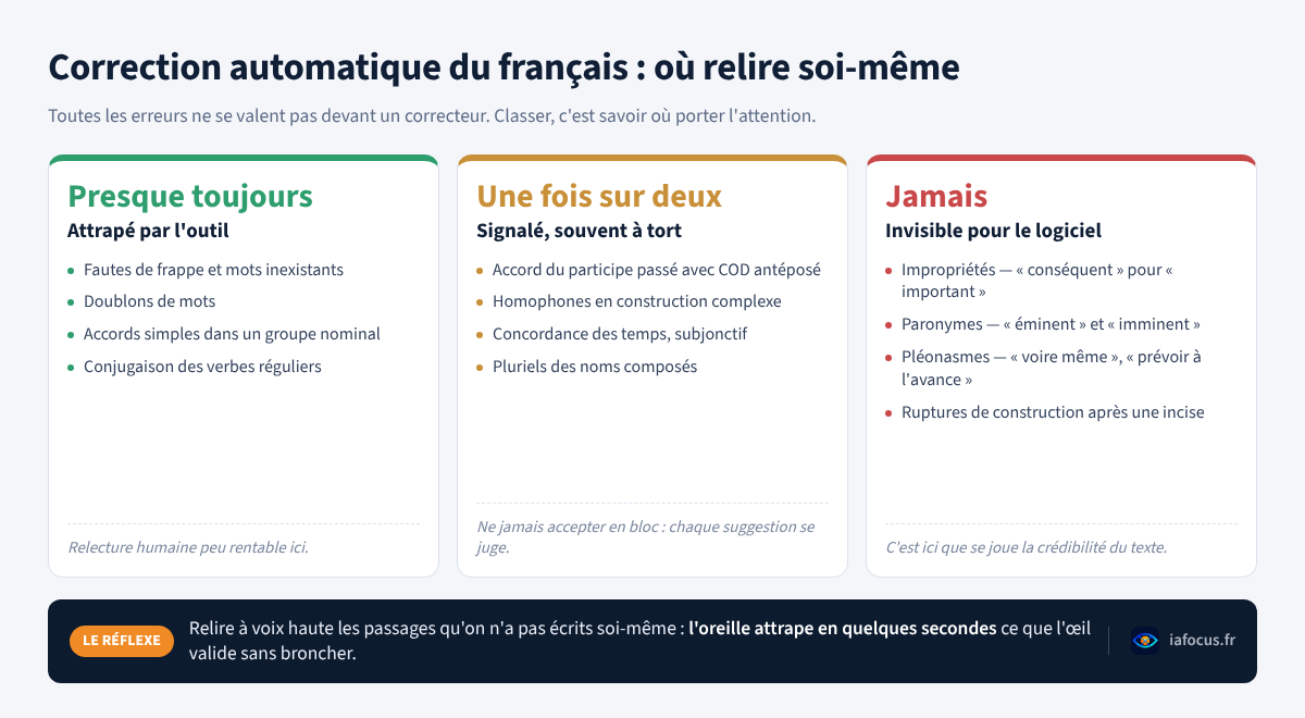 Trois niveaux de fiabilité de la correction automatique du français et où porter la relecture humaine