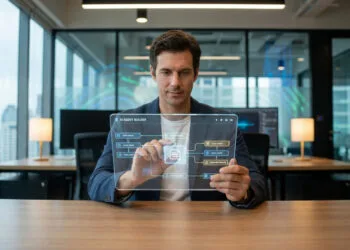 Un homme d'affaires utilise une interface transparente futuriste pour concevoir un agent IA dans un bureau moderne.