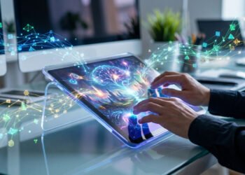 Mains utilisant une tablette tactile affichant un paysage numérique abstrait avec des flux de données lumineux.