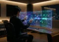 Accueil 58 Un homme utilise une interface holographique futuriste pour composer de la musique dans un studio professionnel.