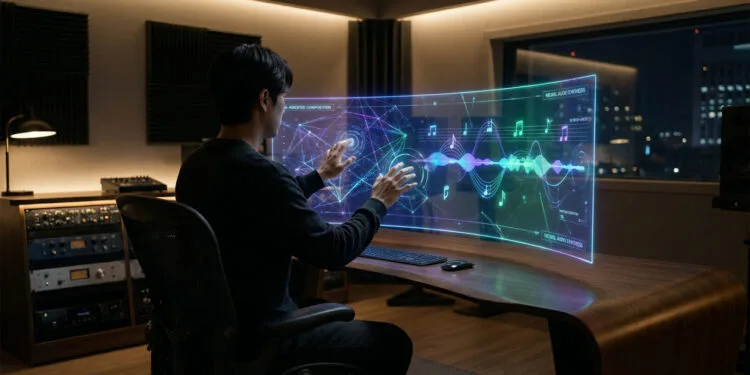 Accueil 50 Un homme utilise une interface holographique futuriste pour composer de la musique dans un studio professionnel.