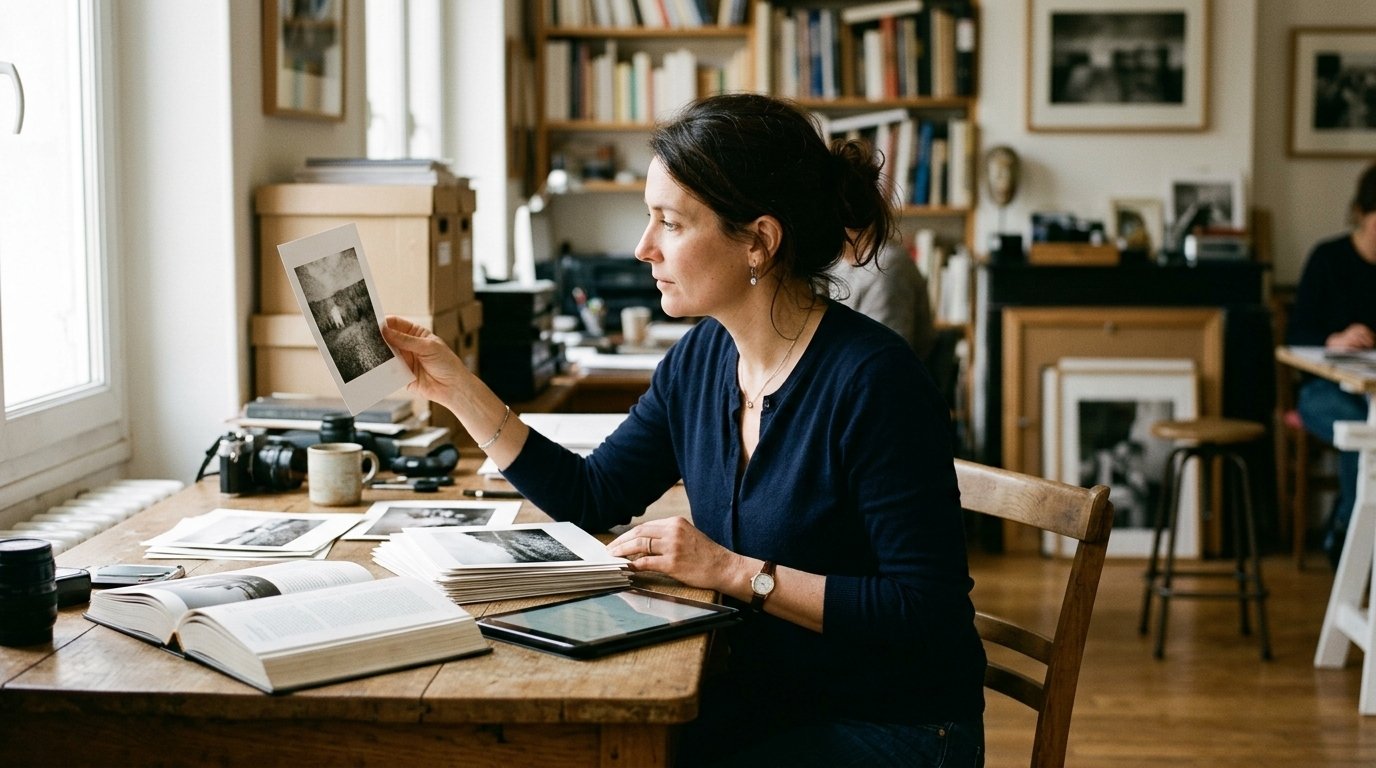 Une photographe examine ses tirages, un ouvrage de référence ouvert sur son bureau