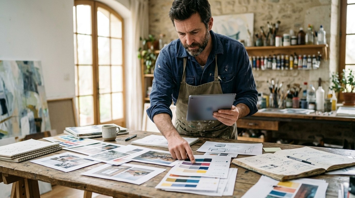 Un artiste compare en atelier des images générées et ses propres esquisses