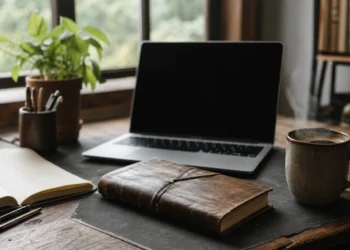 Écrire un roman avec l'IA : manuscrit en cours de rédaction avec un assistant à l'écran