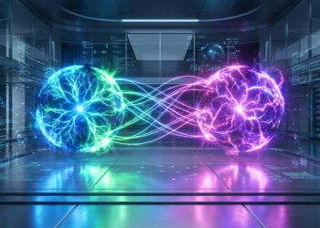 Deux sphères d'énergie électrique, l'une bleue et l'autre violette, connectées dans un centre de données technologique.