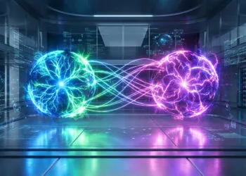 Deux sphères d'énergie électrique, l'une bleue et l'autre violette, connectées dans un centre de données technologique.