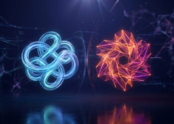 Deux formes abstraites lumineuses, l'une bleue fluide et l'autre orange géométrique, sur un fond technologique sombre.