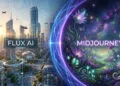 Comparaison visuelle entre une ville futuriste technologique pour Flux AI et un univers floral féerique pour Midjourney.