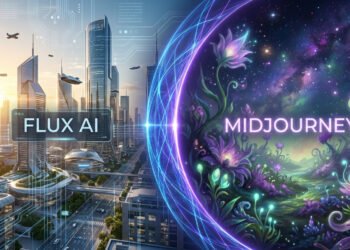 Comparaison visuelle entre une ville futuriste technologique pour Flux AI et un univers floral féerique pour Midjourney.