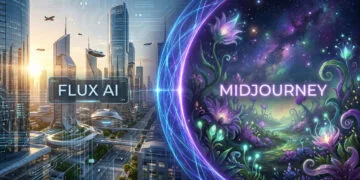 Flux AI vs Midjourney : quel est le meilleur générateur ? 4 Comparaison visuelle entre une ville futuriste technologique pour Flux AI et un univers floral féerique pour Midjourney.