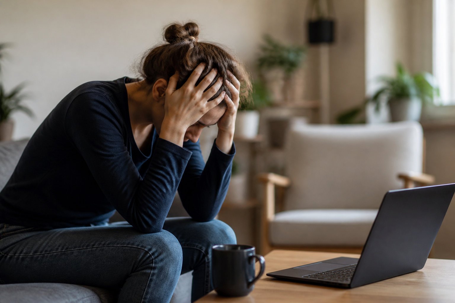 Femme assise sur un canapé, tête entre les mains devant un ordinateur portable, illustrant la frustration face à une génération ratée