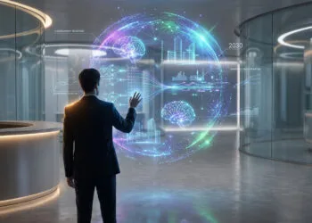 Un homme en costume interagit avec une interface holographique futuriste représentant des données et des cerveaux IA.