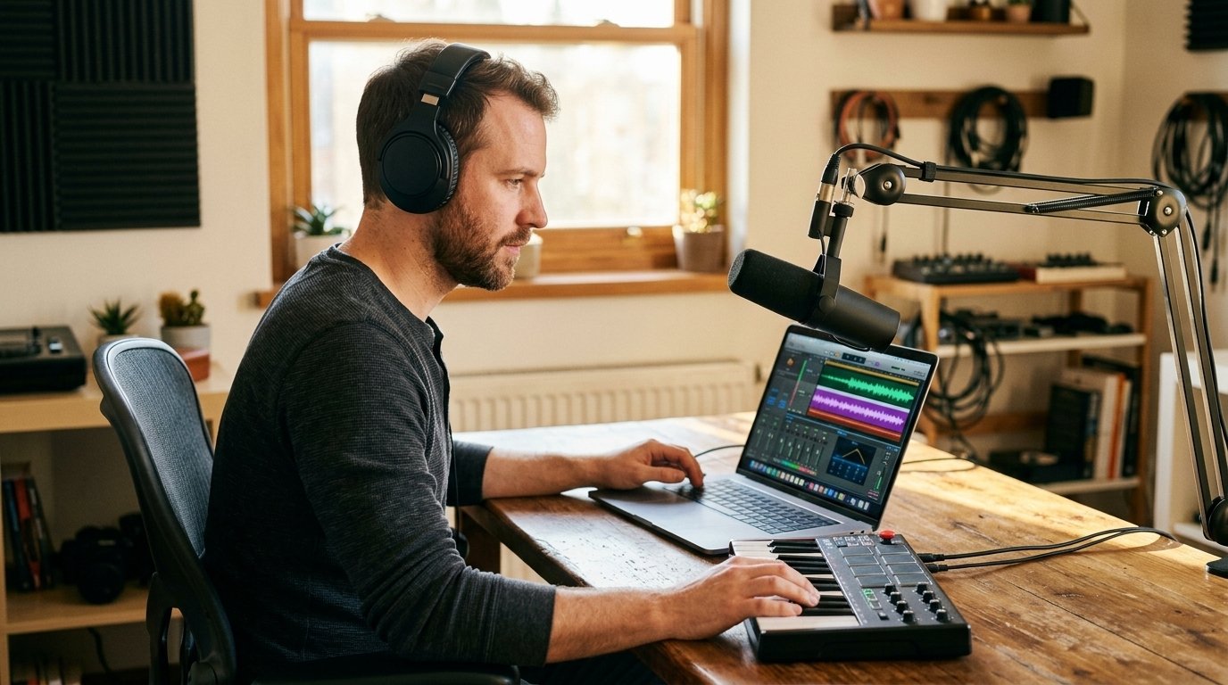 Créateur de contenu testant un générateur musique IA dans son studio